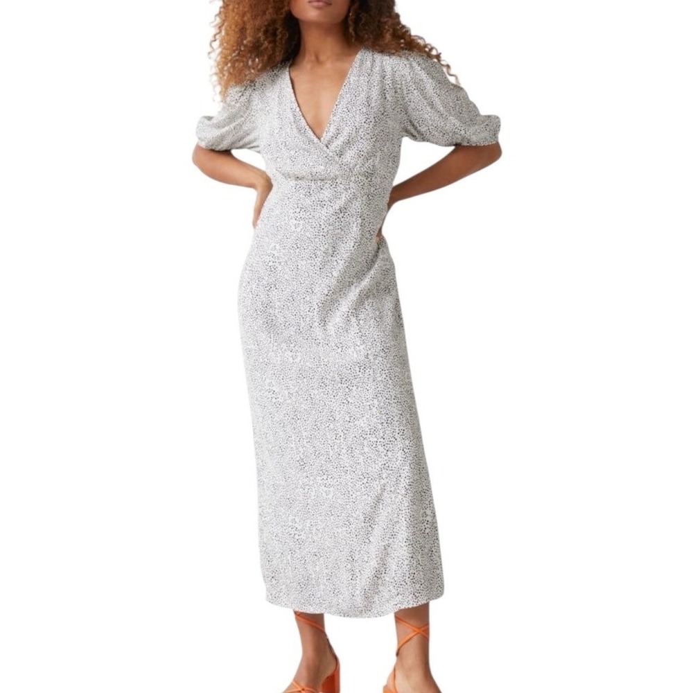 & Other Stories Womens Midi Faux Wrap Dress 8 White Polka Dots Puff Sleeves